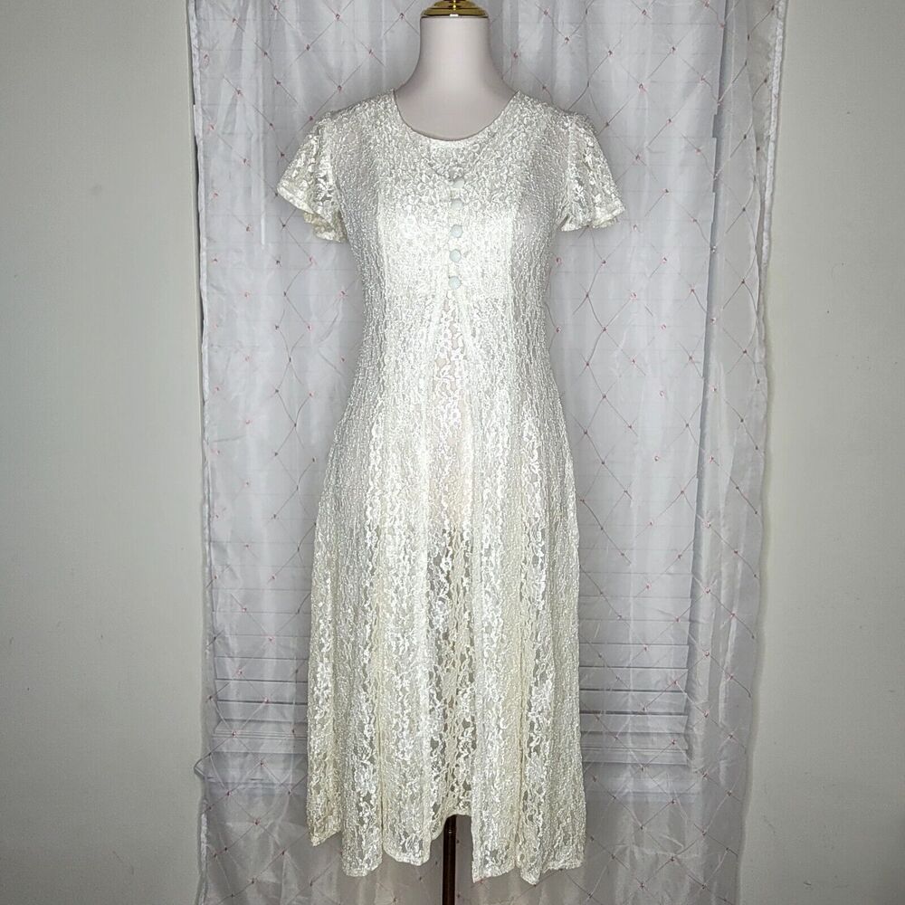 Sarah Richards Cream Sheer Lace‎ Sheath Maxi Dress Size 3 / 4 Romantic Timeless